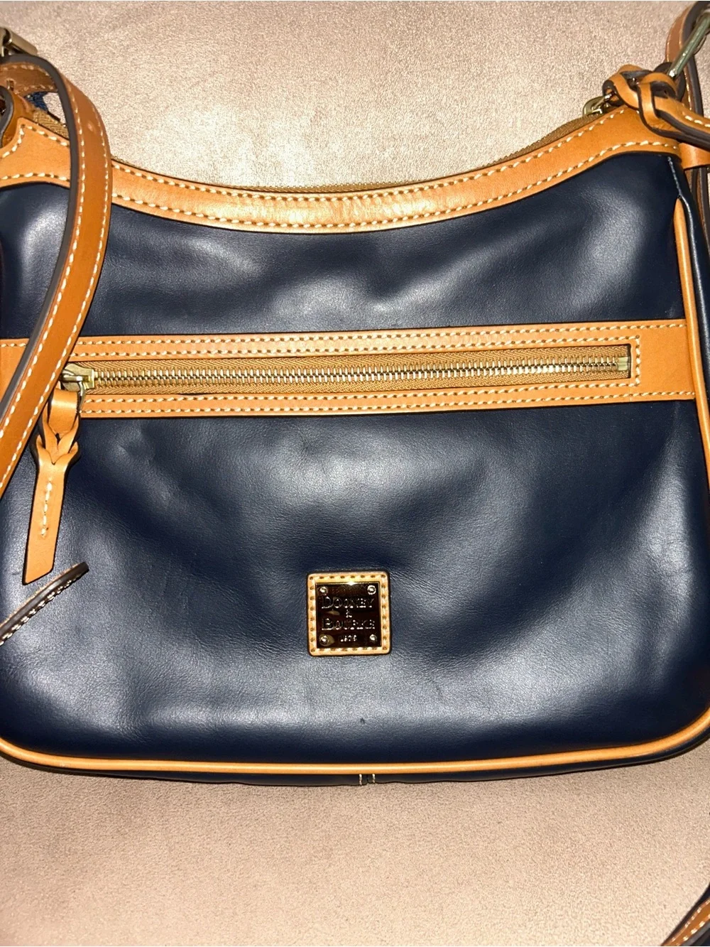 Dooney & Bourke Navy and Tan Leather Crossbody Piper with Front Zip
